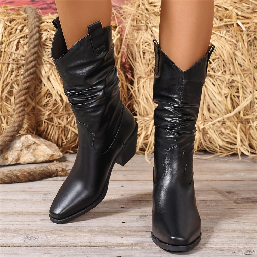 Fashion 2025 Pointed Toe Western Cowgirl Chelsea Mid calf Boots Women Cossacks Cowboy Pleated Boots Wedges Femal Shoes Botas Mujer 34-45