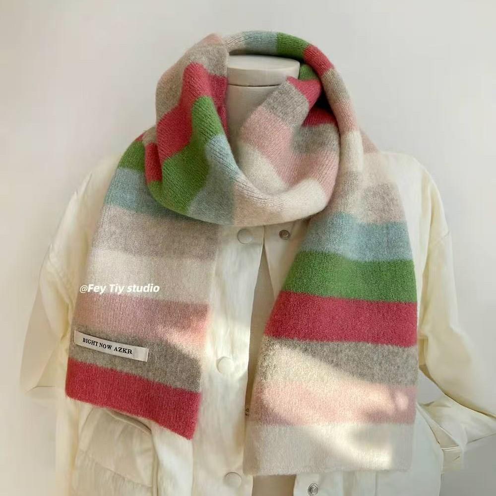 Apple Green Color Scarf for Women Autumn and Winter Color Block Striped Warm and Versatile Scarf