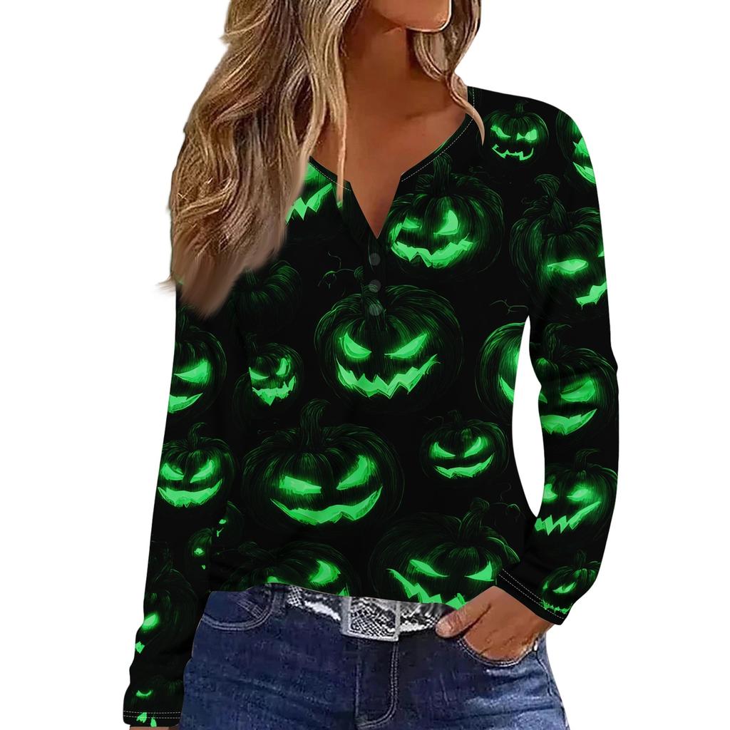 Women's Long Sleeve V-Neck T-Shirt with Button and Halloween Print Casual Top