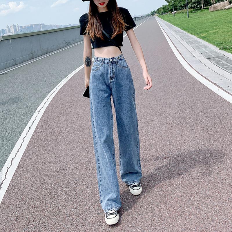 Fashion All-match Blue Women Wide Leg Straight Jeans High Waist Button Denim Pants Loose Trousers