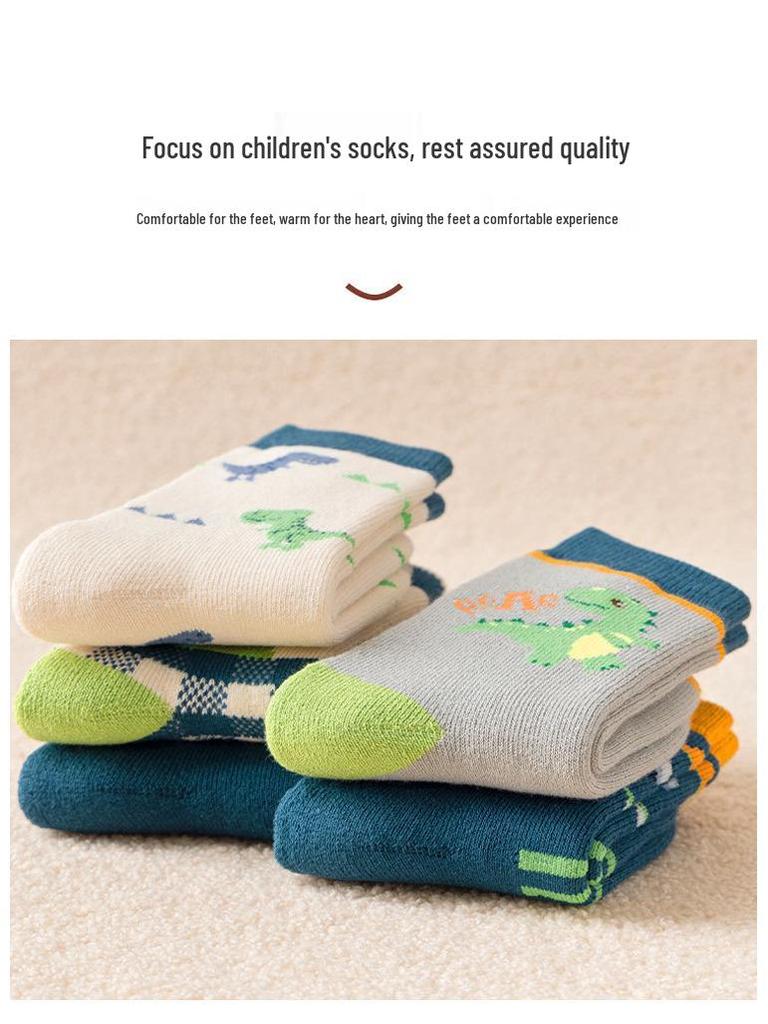 Children's Thickened Warm Cotton Dinosaur Terry Socks - Mid-Calf Length for Boys and Girls