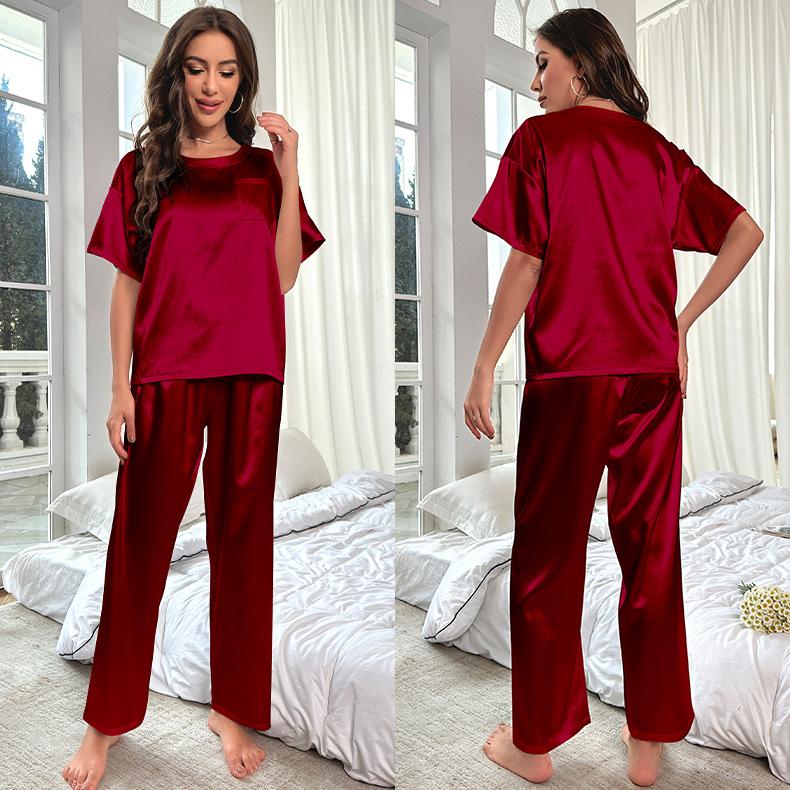 Ensemble de pyjama d'été en soie glacée pour femme, 2 pièces, couleur unie, manches courtes, pantalon long, vêtements de détente décontractés et amples