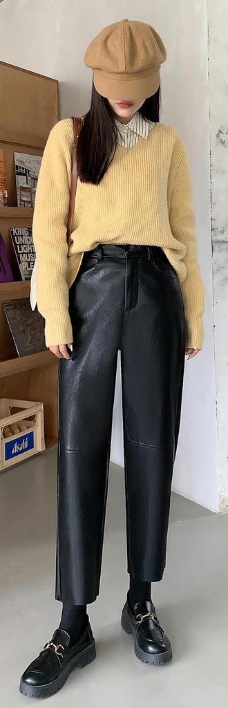 Syvent Length PU Leather Straight Elastic High Waterproof Faux Straight Casual Bottoms Women's 9/10 Pants, Waist, Leather, Leg,