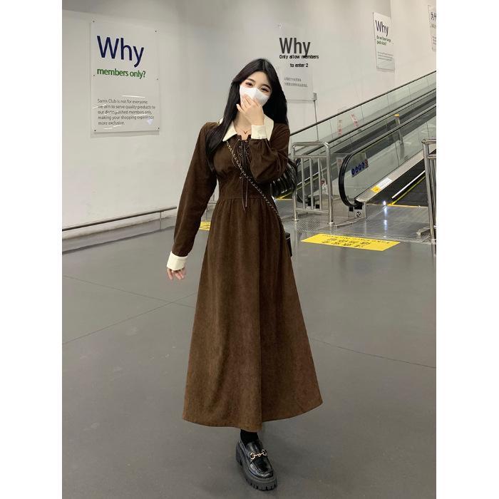 2026 Retro Color Block Corduroy Waist-Cinched Long-Sleeve Dress for Women - Plus Size Spring/Autumn Chic