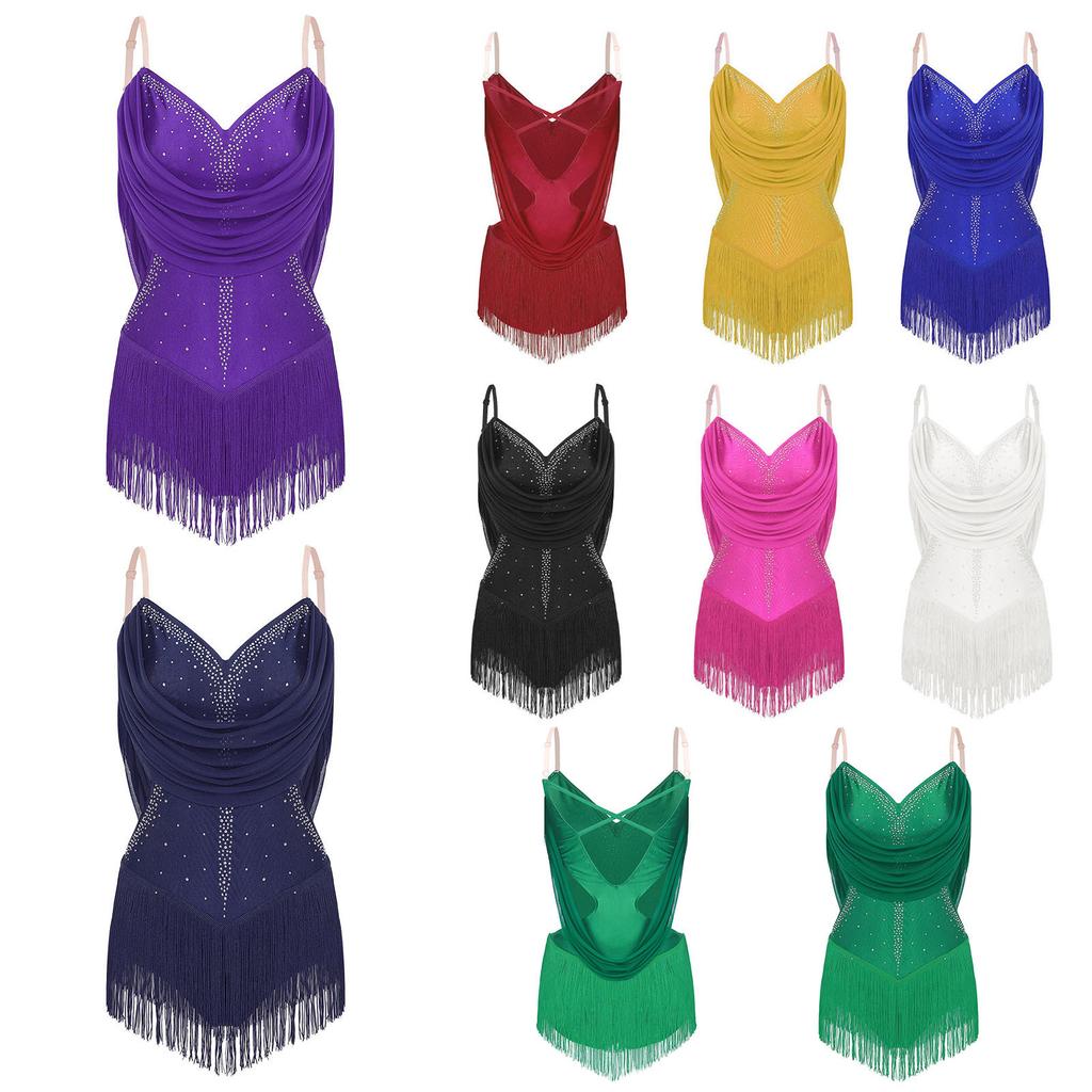 Womens Dance Leotard Ruched Mesh Drapes Glittery Rhinestones Adjustable Straps Cutout Fringe Bodysuit Performance Wear