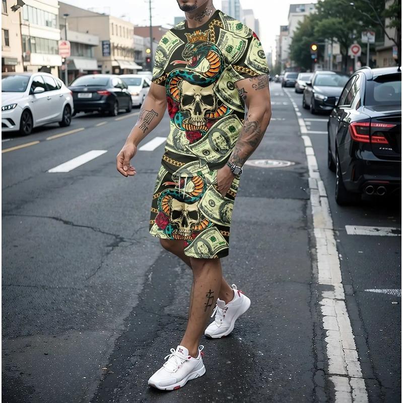 2025 Summer Crew Neck Skull Casual Sportswear Fitness Suit Outdoor Running Suit 3D Printed Men's Short Sleeve Breathable Shorts