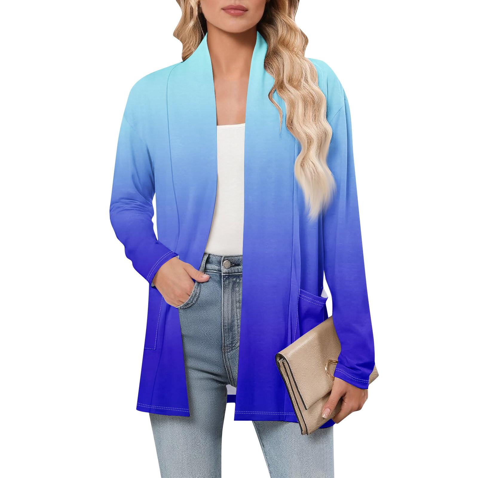 

Women s Long Sleeve Cardigan V Neck Fashion Printed Shirt Lightweight Casual Loose Thin Cardigans With Pockets L синій