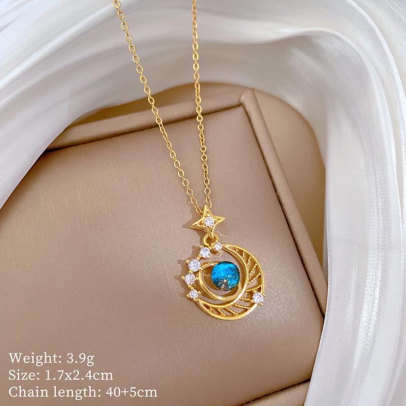 Titanium Steel Moon Pendant Necklace: Elegant Full Diamond Micro-Pave Design, Sparkling and Stylish for Women.