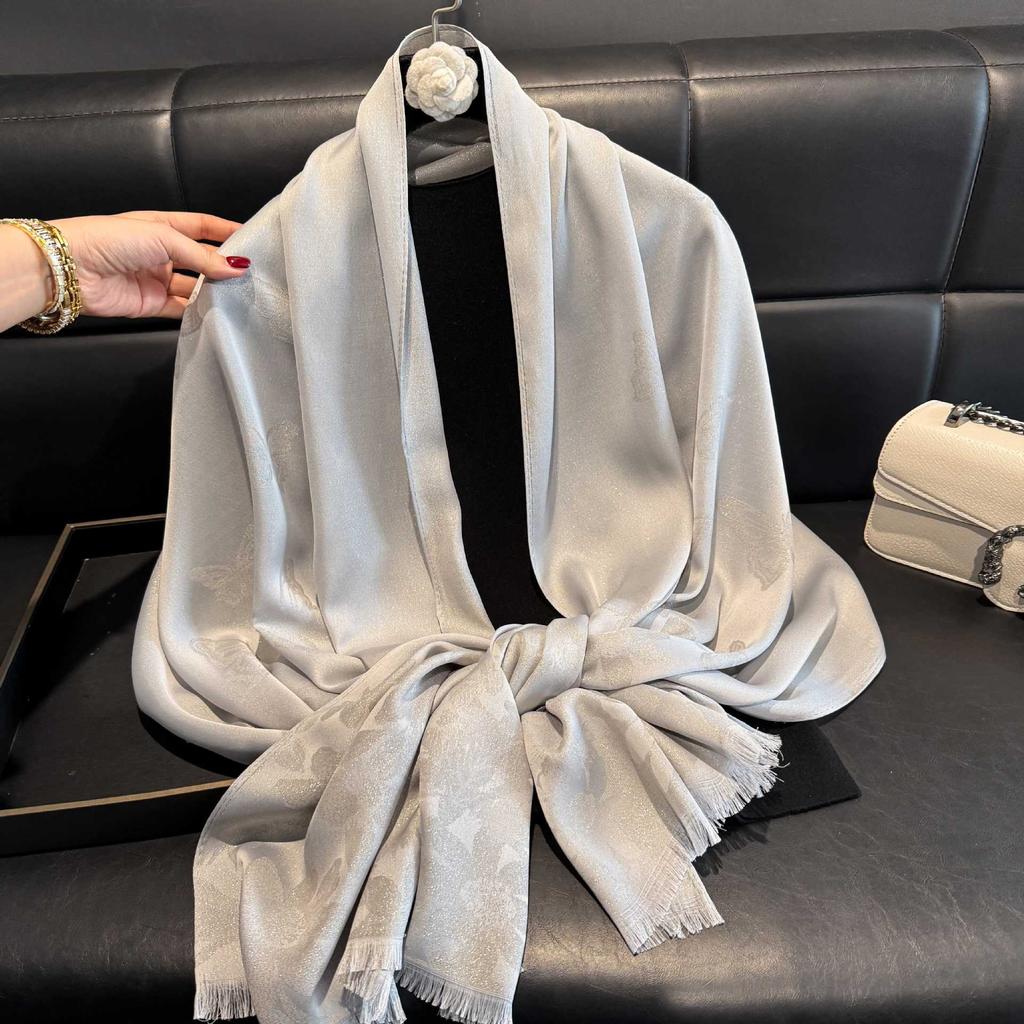 Summer solid color long scarf simulation silk scarf five-pointed star jacquard sunscreen silk scarf beach scarf shawl outside travel women