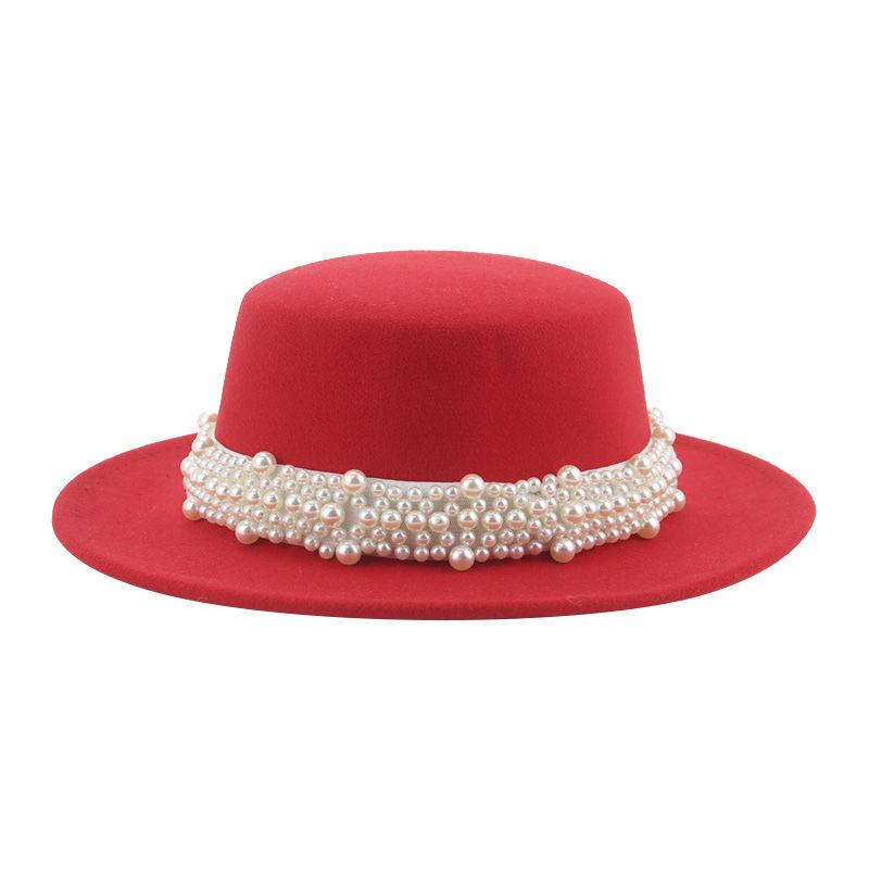 Top Hat Short Brim Hepburn Style British Style Small Round Tibetan High-end Jazz Hat Versatile Flat Top Felt Hat Pearl Premium New