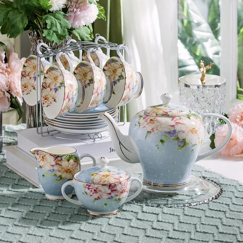 Pink Blue Flower Bone china Coffee Cup Set Porcelain Tea Cup Set Ceramic Pot Mug Sugar Bowl Creamer Teapot Milk Jug Teaset
