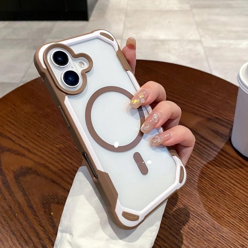 

Противоударный бронированный магнитный чехол для телефона для iPhone 16 14 13 11 12 15 Pro Max 16 plus Прозрачный Magsafe Беспроводная зарядка Жесткие чехлы-накладки For iphone 16Plus