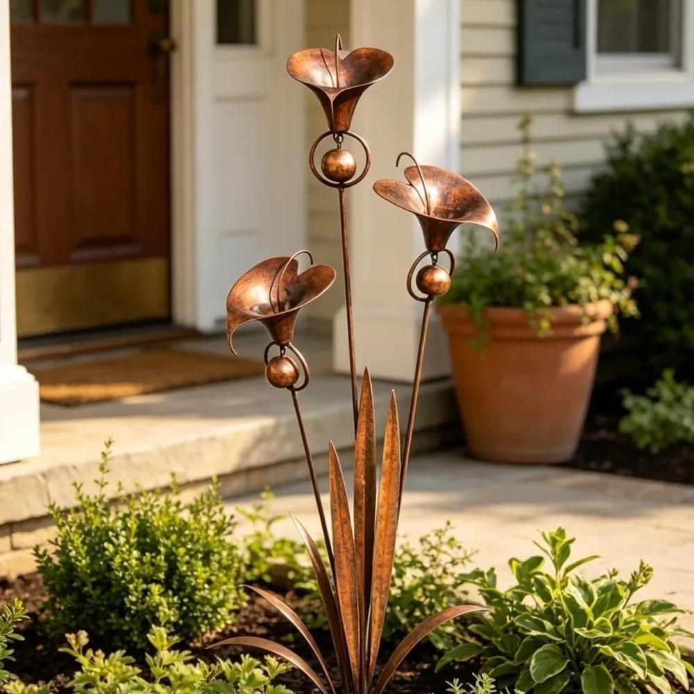 Flamed Copper Garden Stake Three Calla Lilies Handcrafted Metal Floral Yard Art Garden Sculpture Wind Chime Flower Stake