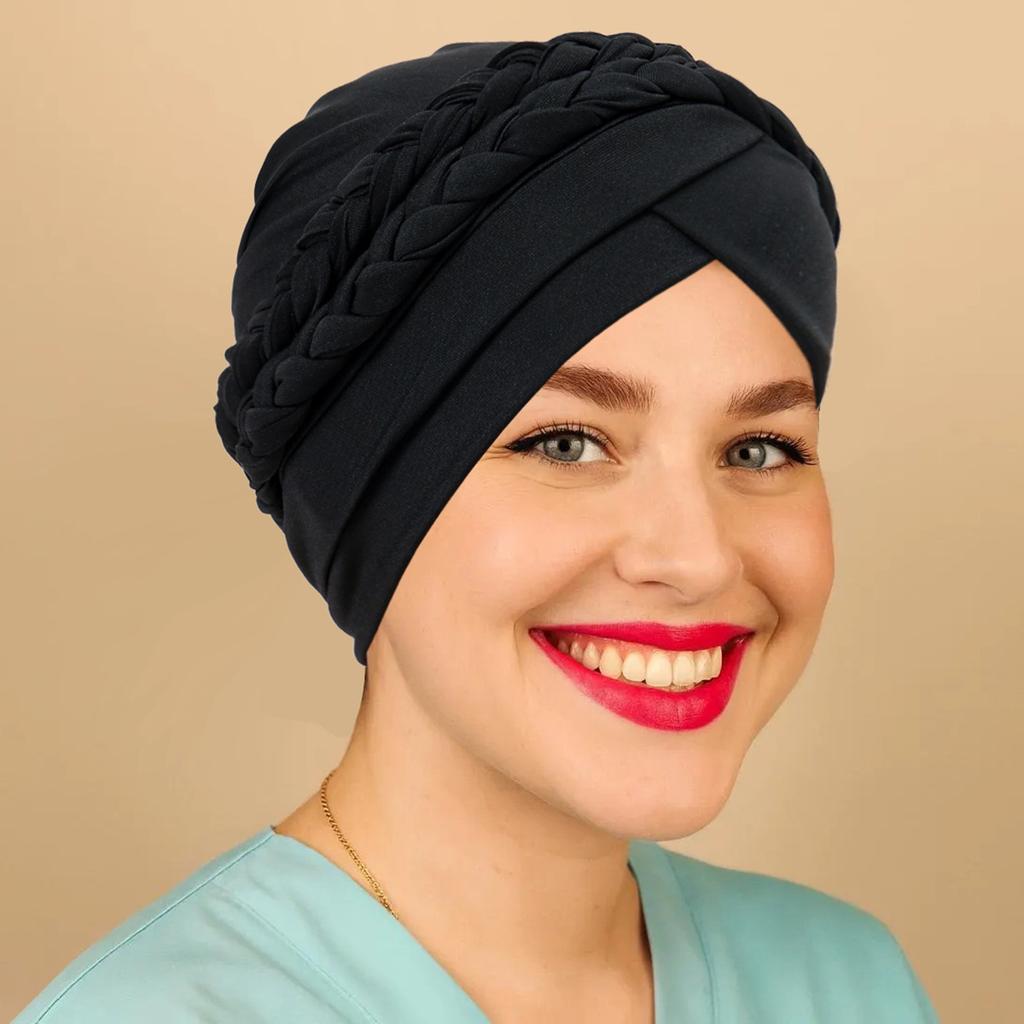 Solid Color Muslim Turban Hat Single Color Milk Silk Two Braids Headscarf Hat