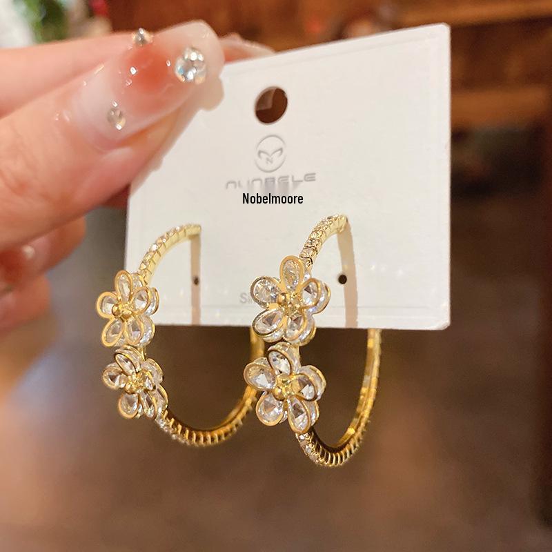 Gold Plated Silver Earrings with Inlaid Diamond Flower Design - Fresh Cool Style Hoops