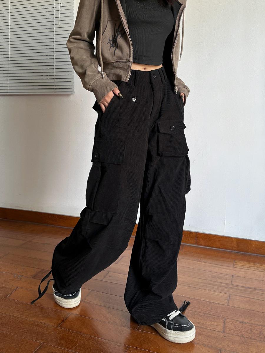 

Прямые брюки-карго в стиле ретро унисекс из вельвета — свободные, стильные комбинезоны в уличном стиле с множеством карманов для весны и осени 2XL чёрный