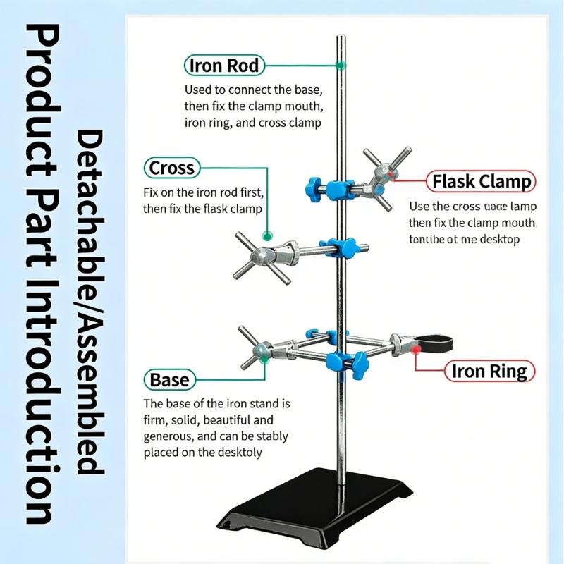 Multipurpose Laboratory Iron Stand 30cm Adjustable Height Easy To Assemble For Holding Various Research Instruments