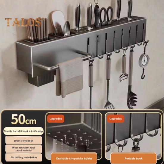 Kitchen Cutlery Holder Wall Mounted Cutter Holder with Hooks Carbon Steel Cutter Storage Rack for Spoon Chopsticks Rust-Resistant Kitchen Utensil