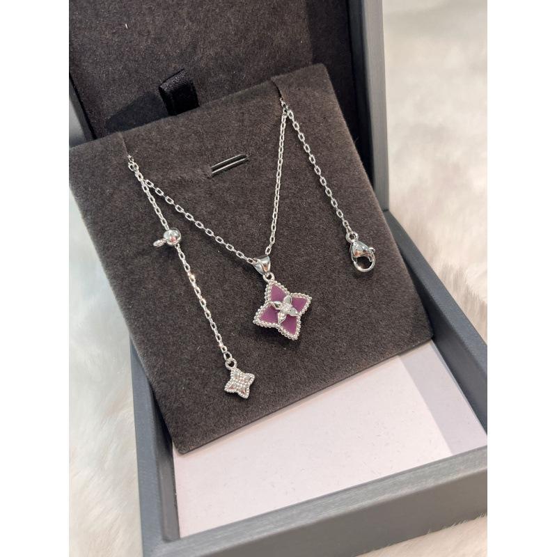 Light Luxury Powder Shell Purple Chalcedony Laser Four-Leaf Clover Five-Flower Bracelet Retro Court Style Sweet Temperament Necklace