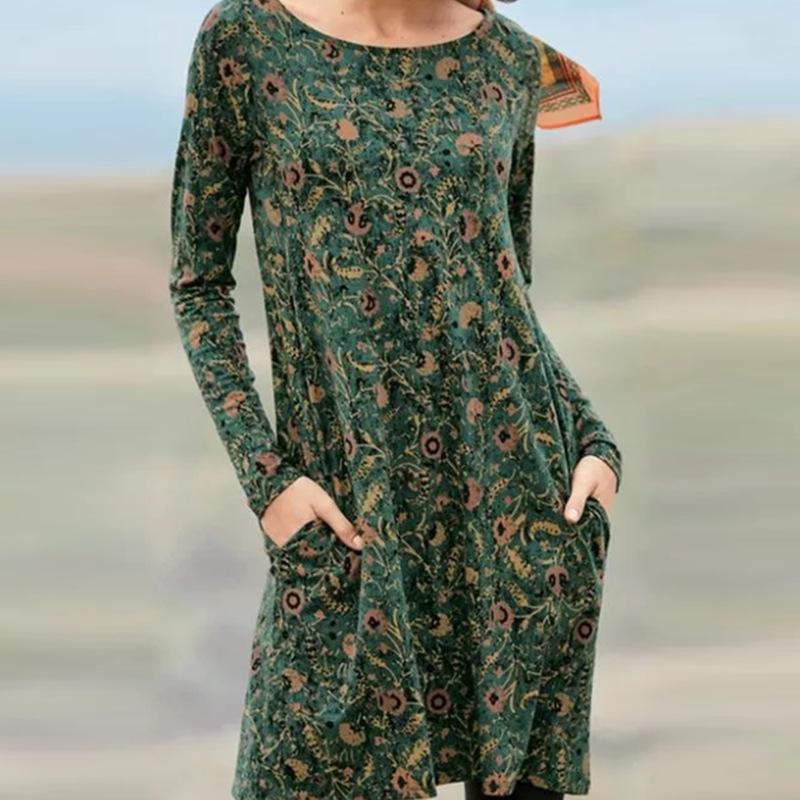 2021 Autumn Floral Print Long Sleeve Pullover Mid-Length Dress for Women