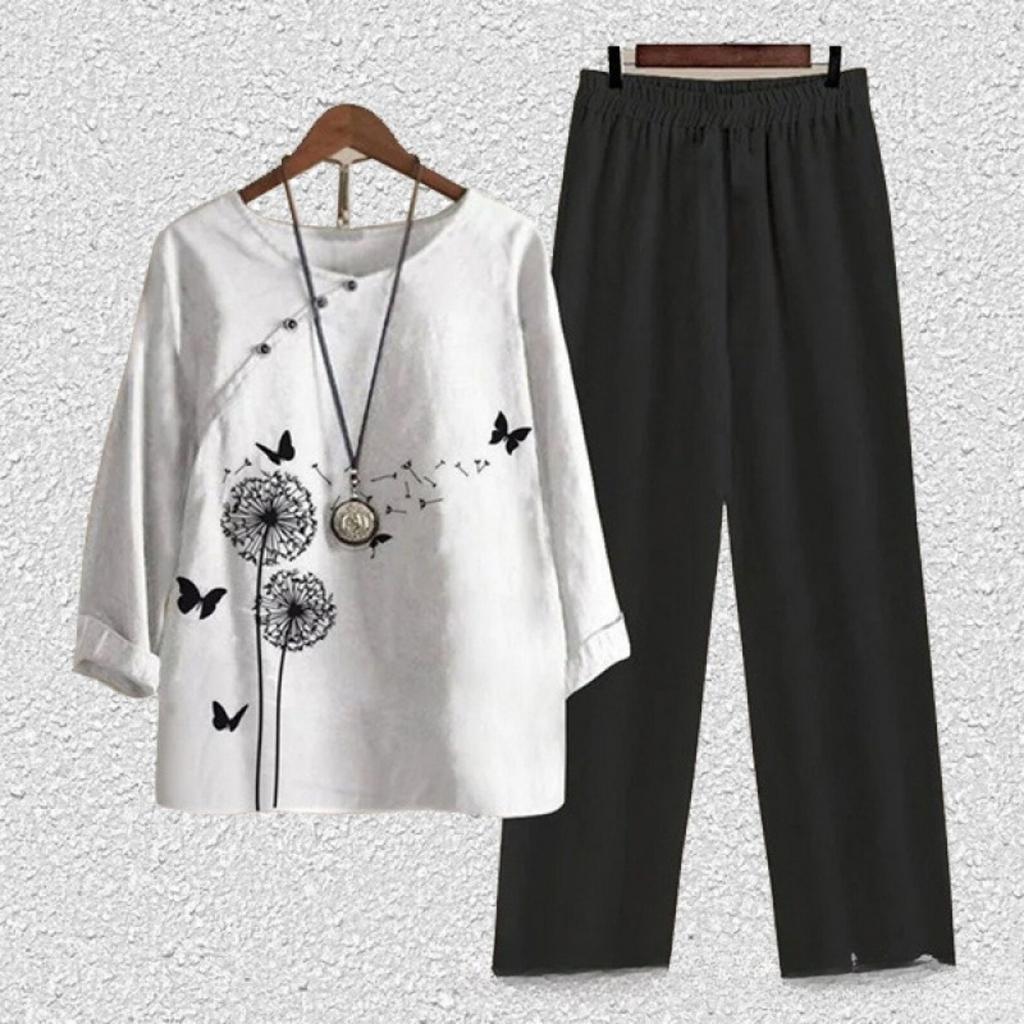 Women's Loose Fit Floral Printed Two Piece Outfit Half Sleeve T-Shirt Elastic Waist Pantsuit