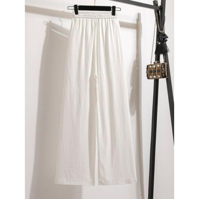Large Size Women's Clothing Chubby Girl Hong Kong Style Retro Artsy Spring/Summer New Arrival Elastic Waist White Loose-Fitting Wide-Leg Trousers Tide