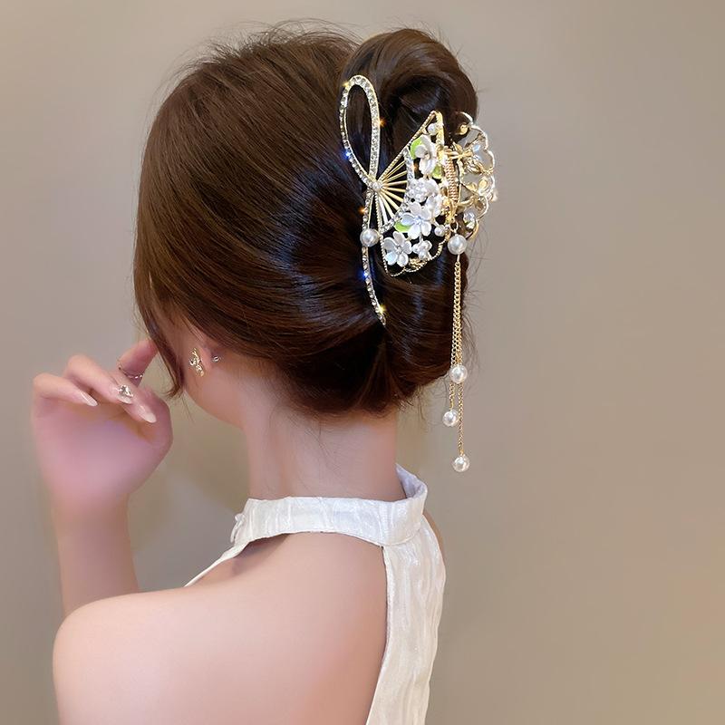 Mote Retro Vifte Duskel Stil Grab Clip Rhinestone Hårklemme Hestehale Klemme Grab Clip Elegant Hodeplagg Kvinne