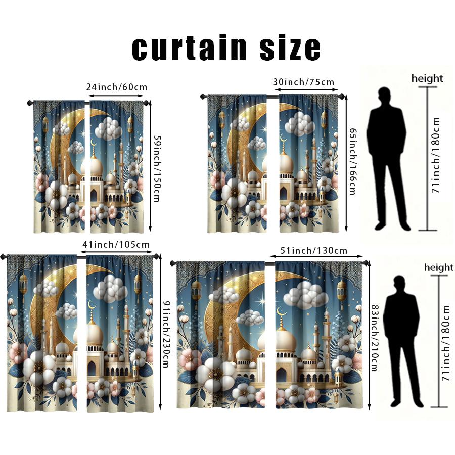 2PCS Blue Gold Cloud Flower Ramadan Theme Curtains   Gorgeous Style   Bedroom and Living Room   Drawbar Pocket Decorative Curtains