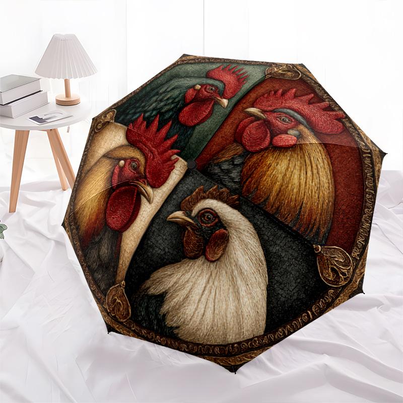 1 PC Automatic Folding Umbrella - Roosters Pattern, Portable & Foldable Design with 8 Ribs, Christmas Birthday Gifts