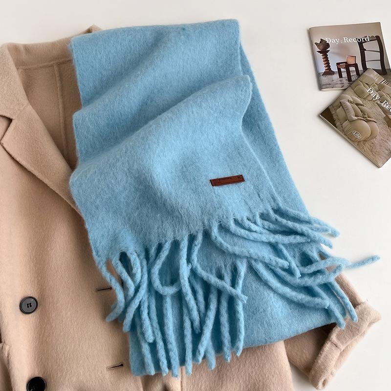 Woolen solid color wool blended scarf women's autumn and winter scarf macaron color thickened braid fringed shawl
