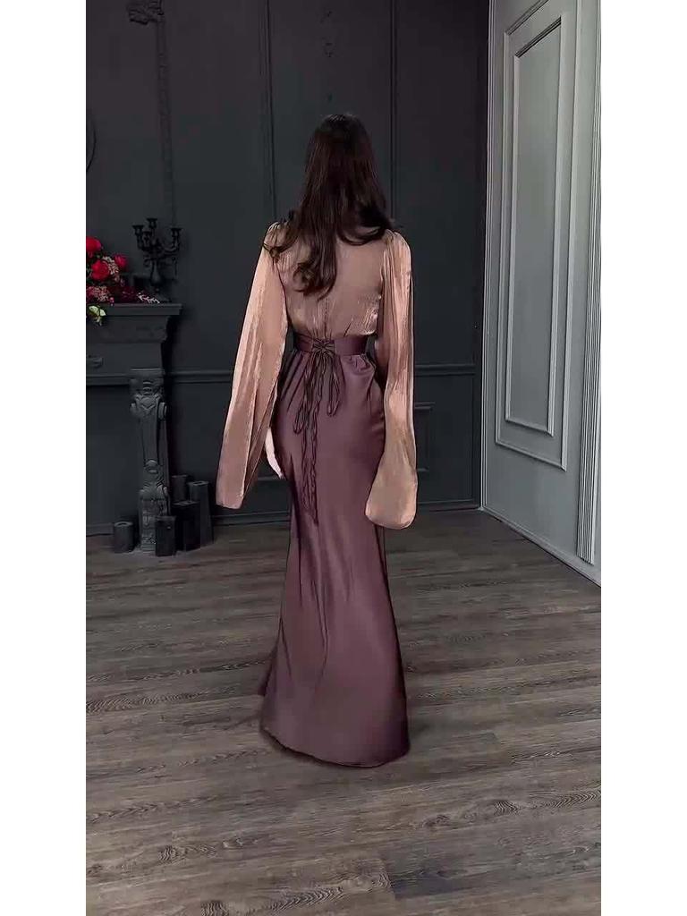European & American Patchwork Flare Sleeve Satin Dress - Slim Fit, Autumn Style 2025