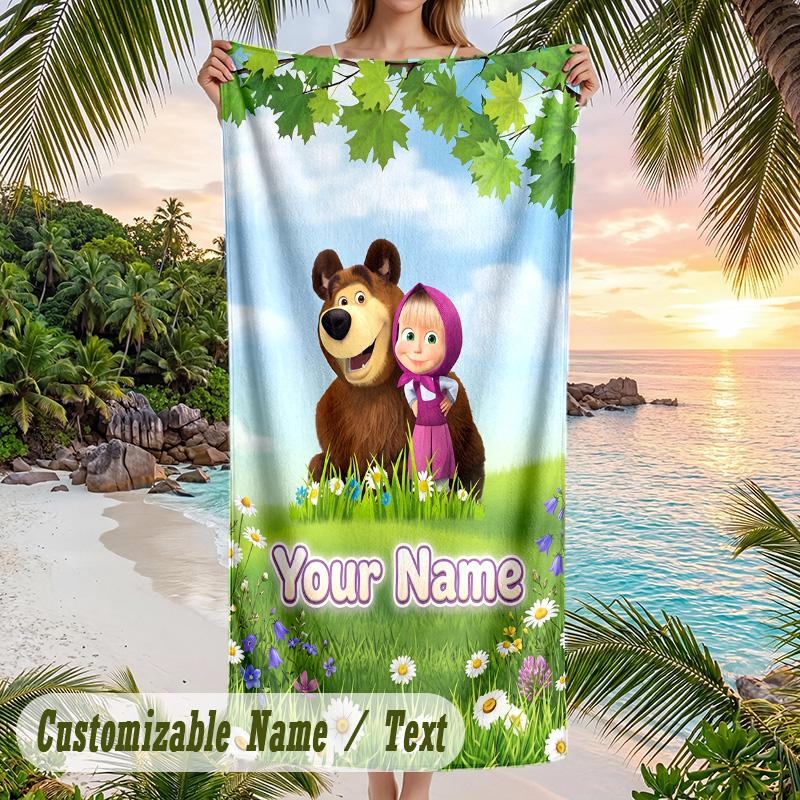Masha and the Bear Beach Towel, Personalized Custom Text, Quick Dry Soft Large Towel For Swimming Pool Travel