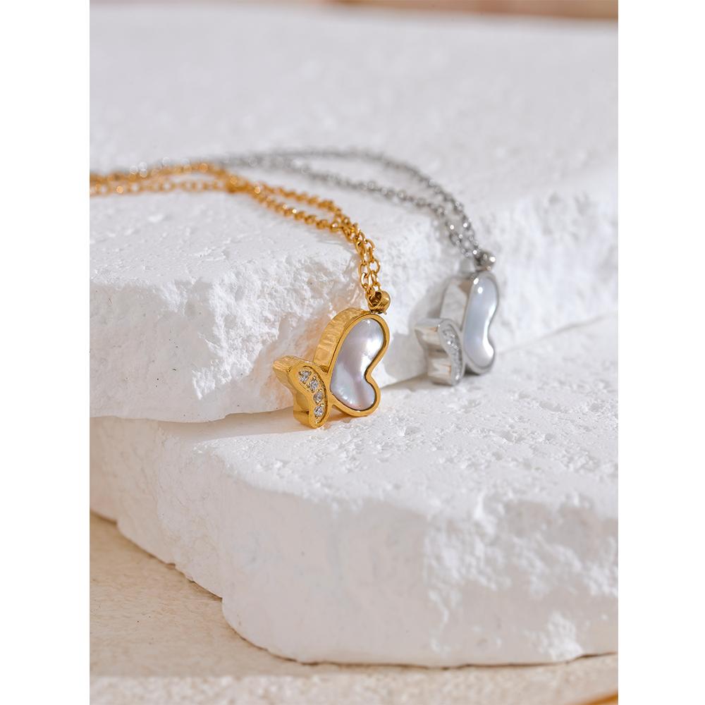 Yhpup Chic Natural Shell CZ Butterfly Pendant Necklace Fashion Luxury Stainless Steel Premium Jewelry Attractive Daily Gift