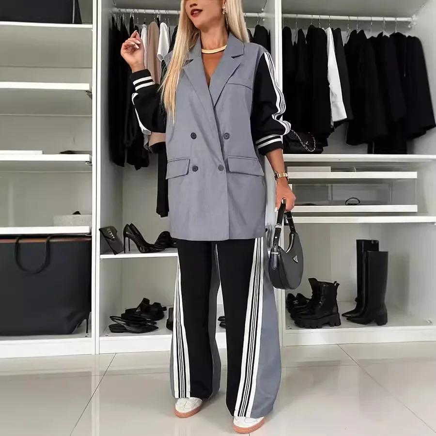 Terno feminino de manga comprida com costura dupla, casual, de duas peças, outono e inverno
