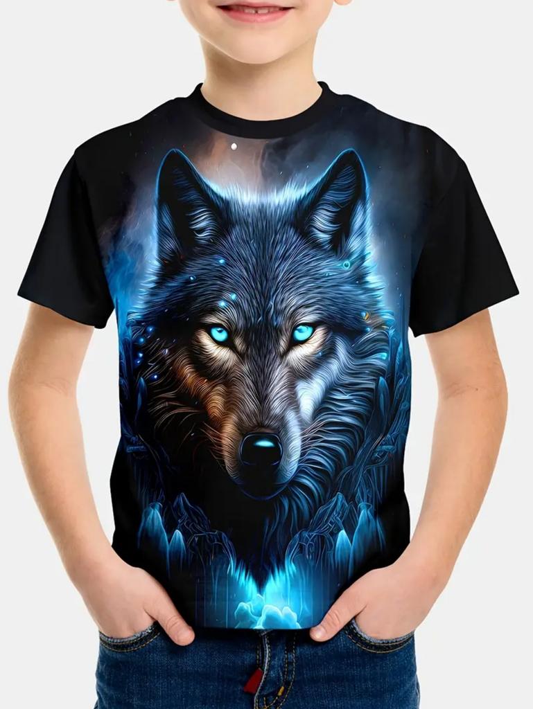 Cool Wolf Boy T-Shirt Tiger 3D Print Kids Short Sleeves Casual Comfortable Boys' Top Tees Outdoor Breathable Lightweight Clothes