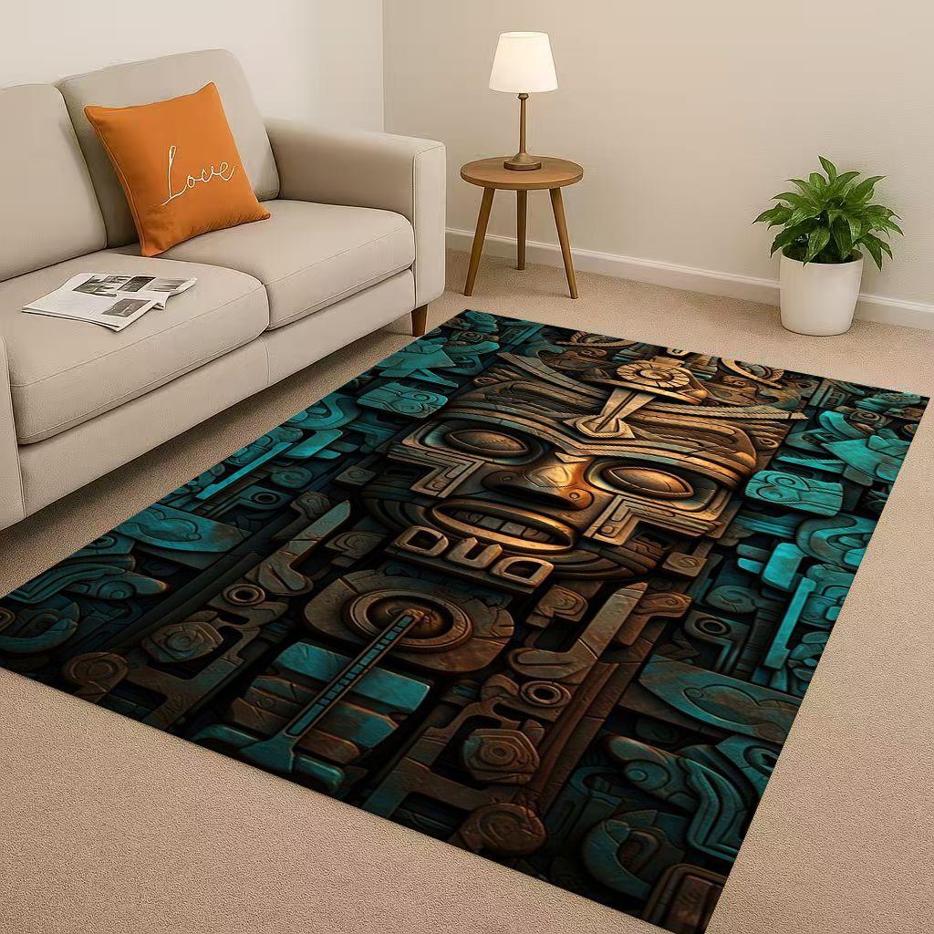 3D Ancient Aztec Totem Maya Mask Sun God Living Room Non-Slip Area Rug Soft Carpet for Bedroom Sofa , Easy Clean Home Doormat