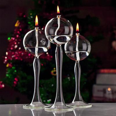 Runde Öllampe, Kerze, Tischlampe, runde Kugel, hoher Fuß, Öllampe, transparentes Glas, Öllampe