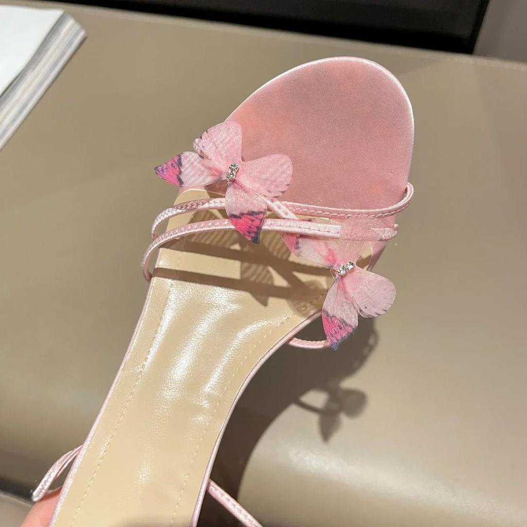 Pink Heel Sandals Woman 2024 Butterfly Decoration Zapatos De Mujer High Heels for Womens Shoes Round Toe Sandal Dresses Slides