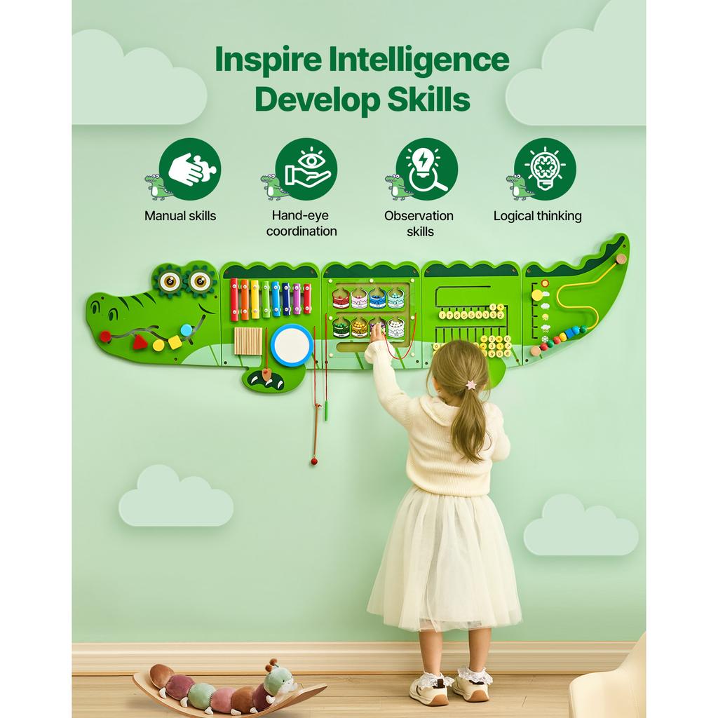 SucceBuy 9-Activities Crocodile Kids Busy Hanging Board Toy Montessori Early Learning Puzzle Decor Panels Toys for Children Gift