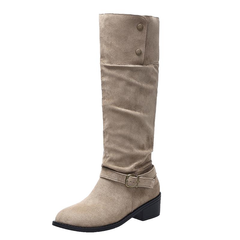 

Мода 2025 Женская обувь Винтажные женские ботфорты Модная обувь на низком квадратном каблуке Лаконичные слипоны Узкие длинные боты для женщин 39 бежевый