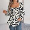 Herbst- und Winter Damen Casual Rüschen Quadratkragen Leopardenmuster Langarm Chiffonbluse