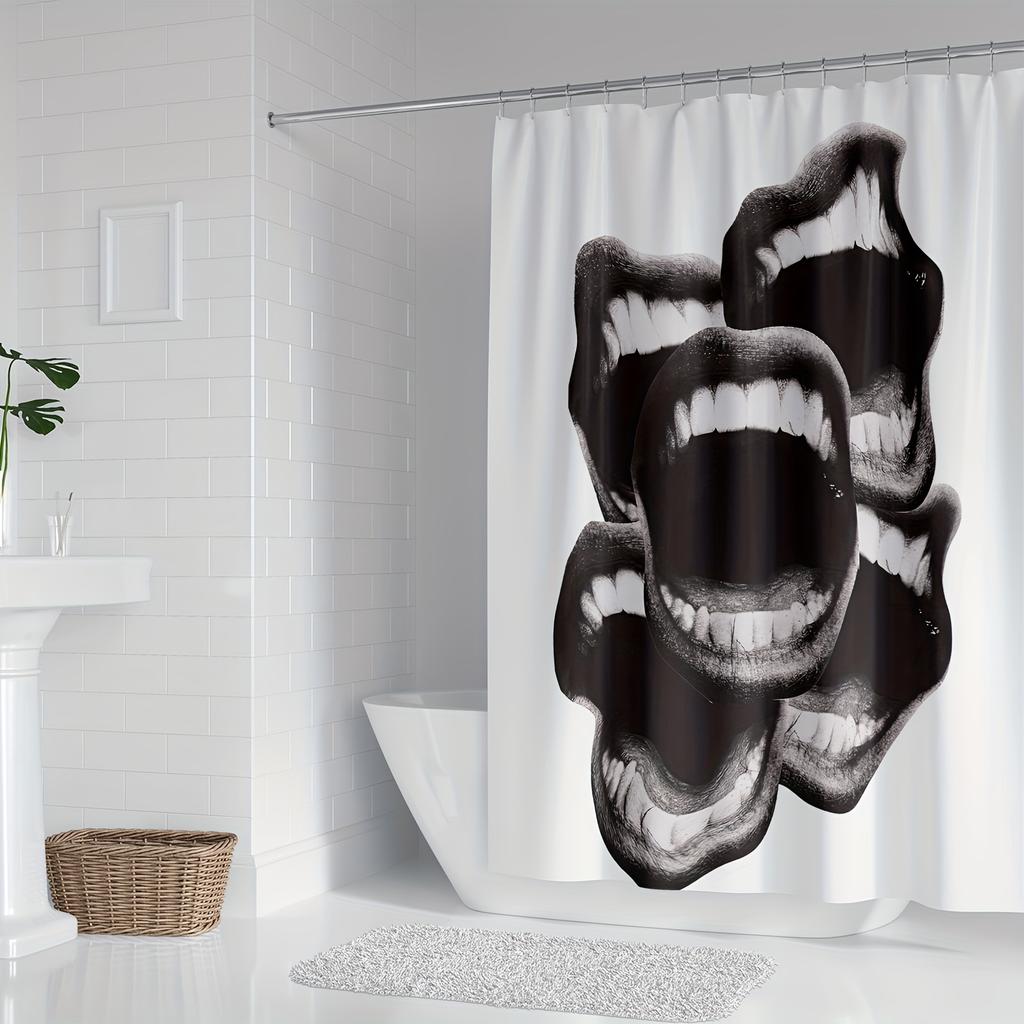 1pc Bold Modern Art Abstract Digital Print Shower Curtain - Polyester, Black & White Lips Design, Machine Washable, Includes Hoo