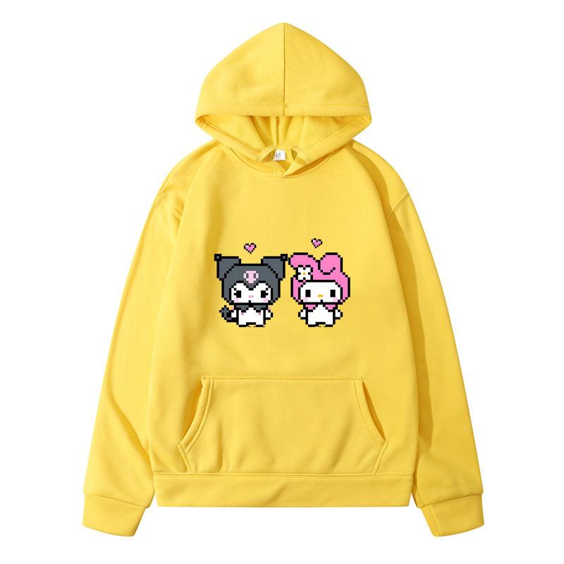 Pixel Art Hoodie – Unisex Yellow Pullover Sweatshirt, Cute Cartoon Characters & Heart Print, Casual Long Sleeve with Pocket