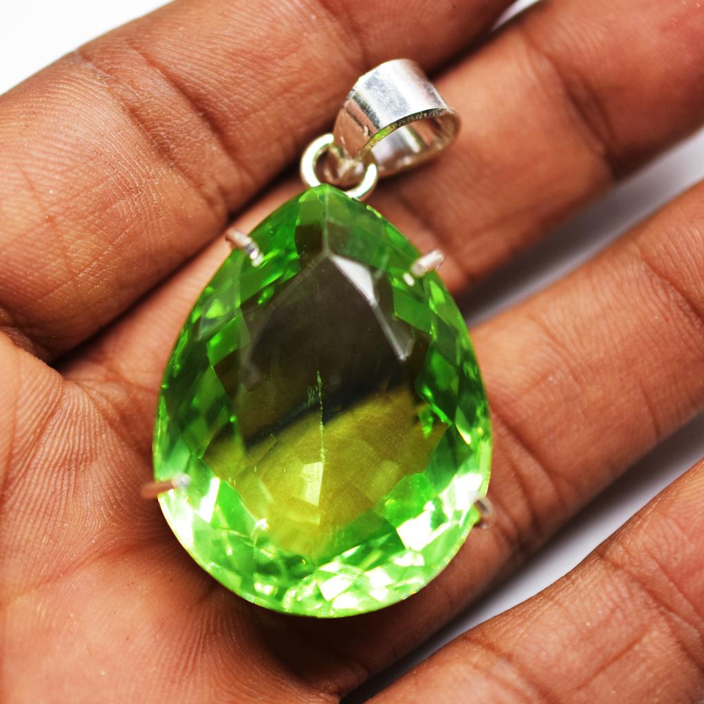 925 Sterling Silver Pendant Natural Green Topaz Pear 102.35 Ct Gems CERTIFIED My-348-k