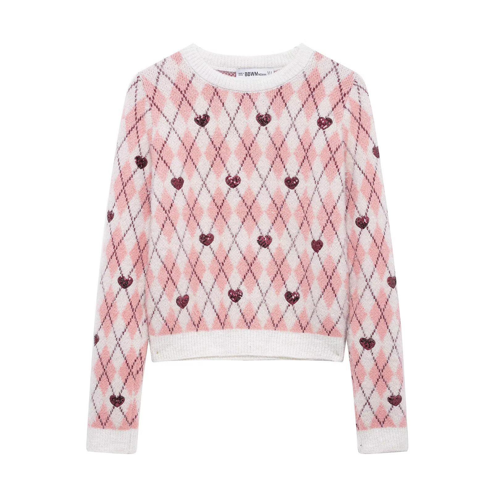 

Spring 2025 Women s European Style Heart Pattern Jacquard Knit Sweater, Long Sleeve, Round Neck Large