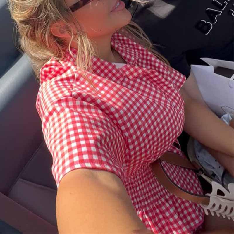 Completo Camicia a Maniche Corte a Quadri con Vita Stretta e Maniche a Bolla Pantaloncini Slim Fit con Decorazione in Pizzo Nuovo Outfit Estivo da Donna