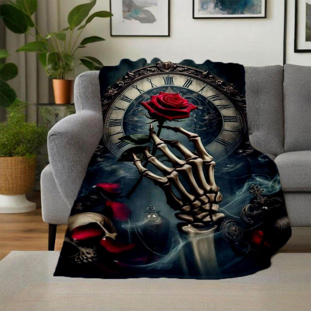 "Timeless Beauty: Gothic Skeleton Hand Holding Red Rose Wall Art Print"Blanket Flannel Throw Blanket for Sofa, Bed, Travel, Camping, Office