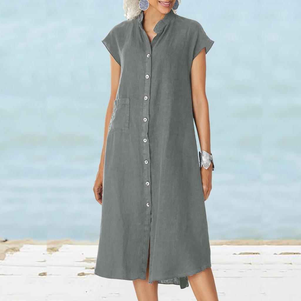 Cotton Linen Long Dress With Pocket And Stand Collar For Casual Travel
