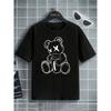 2026 Casual and Comfortable Children's Clothing, Trendy and Cool Cup-hugging Bear Print T-shirt, High Street Style Black Casual