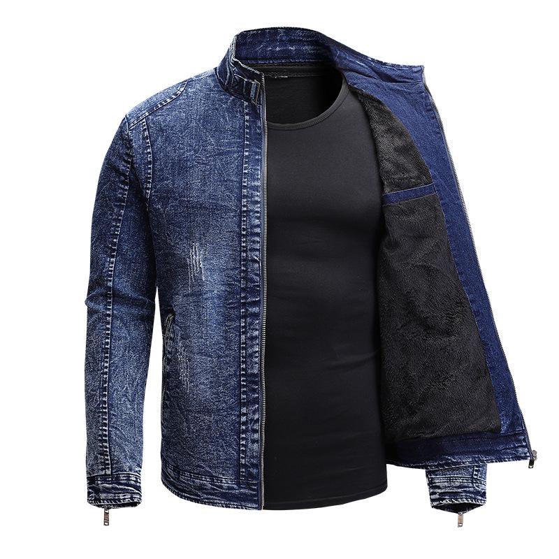 Męska kurtka jeansowa Slim Fit Elastic Denim z aksamitną podszewką - kołnierzyk typu stójka, modna odzież codzienna na jesień/zimę